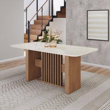 Imagem de Mesa Vivian 180cm Canto Arredondado com Vidro Marrom/Off White