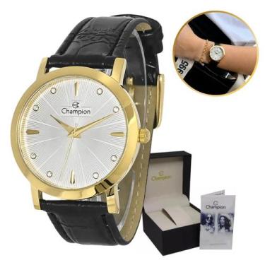 Imagem de Relógio Champion Feminino Couro Strass 50m Resistente Água