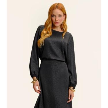 Imagem de Blusa Manga Longa Jaquard Acetinado Onças Feminina Preto - Endless, M,