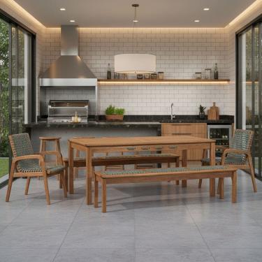 Imagem de Mesa de Jantar Com 02 Bancos de Madeira e 02 Cadeiras com Braço Trammare C07 Corda Verde Oliva - Lyam Decor