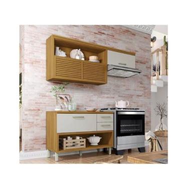 Imagem de Cozinha Modulada Princesa Ripada Nesher MDF Com 2 Peças Freijó Off Whi