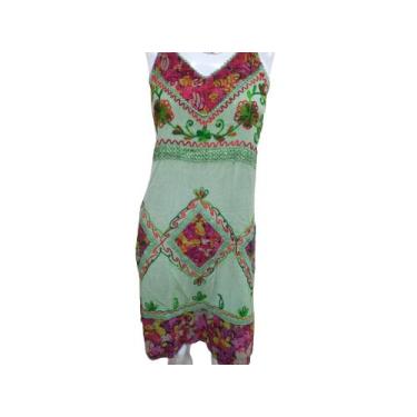 Imagem de Vestido Indiano Curto Bordado Estonado Verde Floral BOHO. - O Guardião