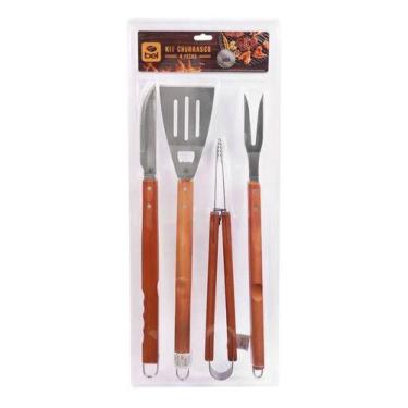 Imagem de Kit Para Churrasco Inox Cabo De Madeira Grande 4 Peças Bel