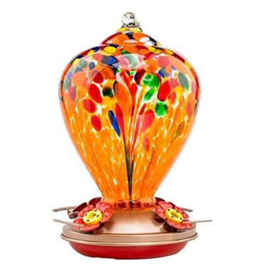 Imagem de Alimentador de beija-flor do muse garden para ao ar livre, vidro soprado à mão, 34 onças, contendo fosso de formiga, fogos de artifício laranja