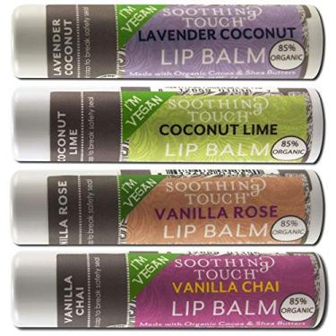 Imagem de Calmante toque Vegan Lip Balm - Coconut Lavender, Coconut Lime, baunilha Rose, Vanilla Chai - Variety Pack of 4