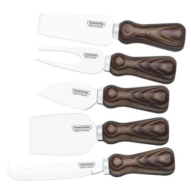 Imagem de Jogo para Queijo Tramontina Harmoniza Lâminas em Aço Inox e Cabos de Madeira Polywood Castanho 5 pçs Tramontina