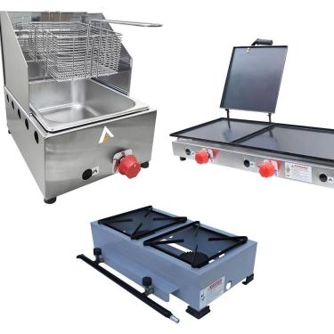 Imagem de Kit Lanchonete Fogão Portátil 2 Bocas + Chapa 90cm Prensa e Fritadeira Profissional 1 Cuba Alcamar