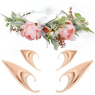Imagem de FRESHME Orelhas de elfo com faixa de cabeça – Conjunto de 2 pares de orelhas de fada e fitas de flores para mulheres, meninas, fantasia, maquiagem, Halloween, renascimento, cosplay, festa, acessórios de cabelo, kit de coroa floral