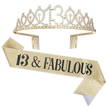 Imagem de Faixa e tiara de 13 anos para meninas, coroa de aniversário de 13 anos e faixa fabulosa e coroa de aniversário, presentes de feliz aniversário de 13 anos para meninas, suprimentos e decorações de festa, ouro