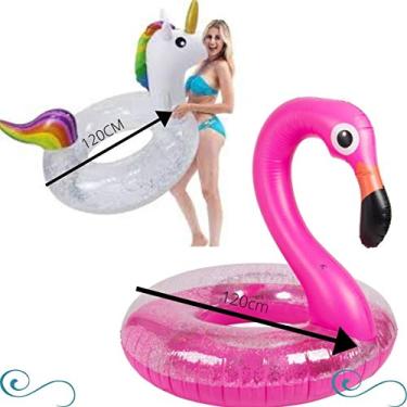 Imagem de Kit Boia Unicórnio e Flamingo Adulto gigante piscina inflável 120cm