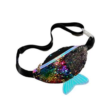 Imagem de VALICLUD Bolsa de cintura feminina multifuncional Fish Tail bolsa de caixa com lantejoulas bolsa de peito pochete preta para presente