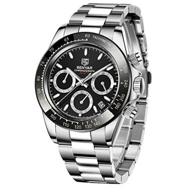 Imagem de Relógio masculino BENYAR Fashion Quartz Movimento pulso cronógrafo analógico Negócio impermeável e resistente a arranhões Pulseira de aço inoxidável Lazer esportes relógios para homens, Silver black