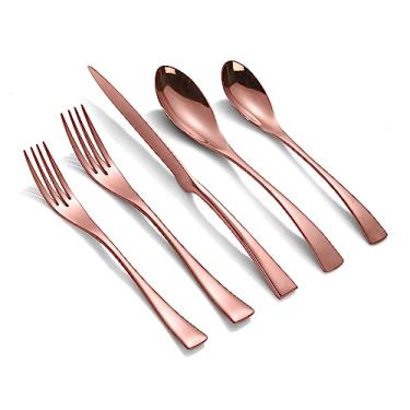 Imagem de Lemeya Conjunto de talheres de ouro rosa, 20 peças, talheres de aço inoxidável 18/10, utensílios modernos, serviço de talheres para 4, inclui faca/garfo/colher, polimento espelhado, pode ser lavado na