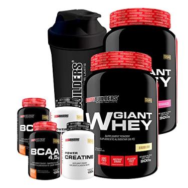 Imagem de Kit 2x Giant Whey 900g + 2x BCAA 4,5 100g + 2x Creatinas 100g + Coqueteleira - Bodybuilders Sabor Baunilha e Morango