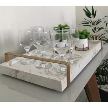Imagem de Bandeja Decorativa Para Servir Branco Gold Marmorizado Com Alça Dourada