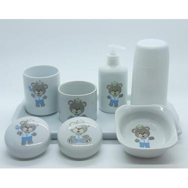 Imagem de Kit higiene bebê Principe Ursinho 6 peças - bandeja, potes, porta álcool e molhadeira - Peças Porcelana