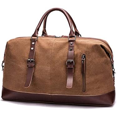Imagem de Bolsa esportiva de viagem grande Holdall, bolsa de mão portátil com acabamento de couro de lona, bolsa de ombro marrom