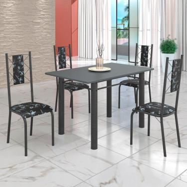 Imagem de Conjunto Sala de Jantar Bahia Mesa Tubo 120x75cm Tampo Pedra com 4 Cadeiras Preto Floral/Prata