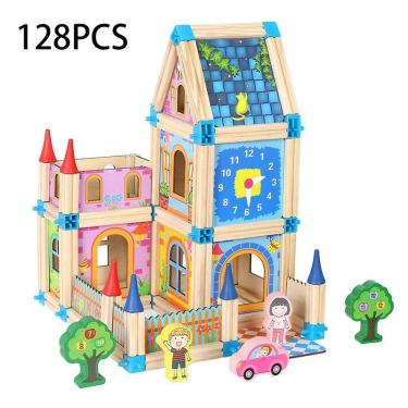 Imagem de Azul 128/268pcs Diy madeira castelo crianças brinquedo montagem