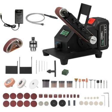 Imagem de SZITW Mini lixadeira de correia 350W Máquina de lixar elétrica de bancada Regulagem de velocidade contínua Máquina polidora de afiador de moedor pequeno com 10 correias de lixa para marcenaria DIY, re
