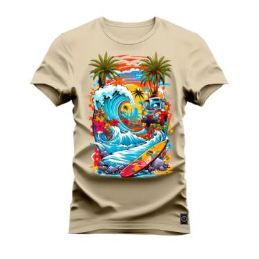 Imagem de Camiseta Casual 100% Algodão Estampada Praia Style Bege M