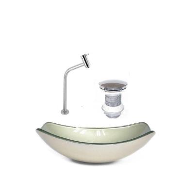 Imagem de Kit Cuba de Vidro + Torneira para Lavatório Oval Chanfrada 36cm Bege