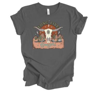 Imagem de Camiseta feminina manga curta Long Live Cowgirls Desert Bull Skull and Wild West Cacti Vibes, Asfalto, P
