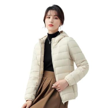 Imagem de SUABON Jaqueta feminina fina de outono e inverno moderna leve cor sólida casual jaqueta quente com capuz, Branco, P