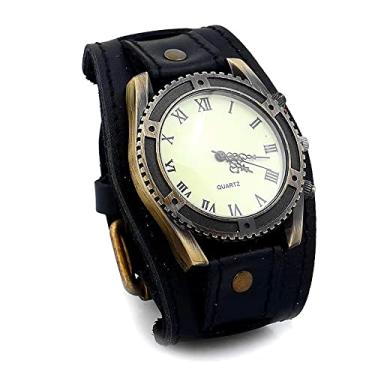 Imagem de MINILUJIA Relógio de pulso masculino vintage retrô punk feito à mão, mostrador bronze, pulseira larga de couro legítimo, quartzo, relógio masculino para Halloween, Preto, men's Standard, Relógios de