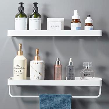 Imagem de Halyuhn Organizador de parede de banheiro de aço inoxidável de 39,9 cm, prateleira de banheiro de vidro de 2 camadas com suporte de toalha, prateleiras de banheiro montadas na parede para organização