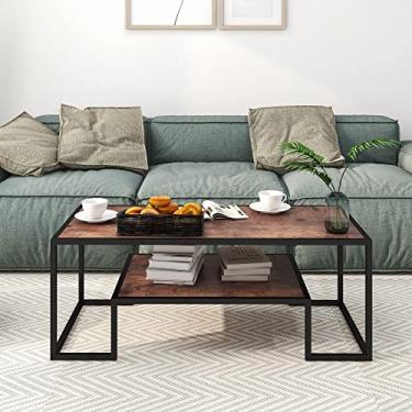 Imagem de Mesa de centro moderna de madeira de inspiração geométrica, mesa de coquetel de 2 camadas de madeira e metal resistente para sala de estar em casa, escritório, marrom rústico, 114 cm C x 51 cm L x 43