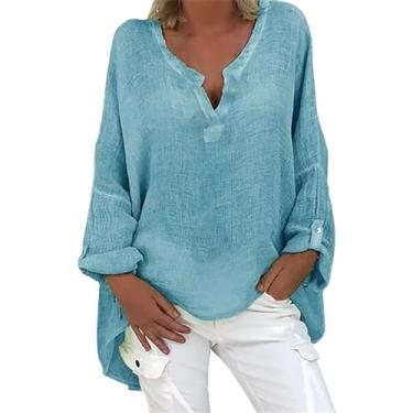 Imagem de Camisetas femininas de linho de verão, gola V, blusa de manga comprida, caimento solto, túnica casual, estampa de dente-de-leão, Azul-celeste A, 5XG