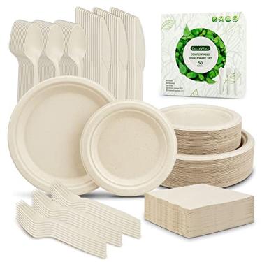 Imagem de DecorWoo Conjunto de pratos de papel compostáveis, 300 peças, pratos ecológicos resistentes e utensílios biodegradáveis, incluindo garfos, facas, colheres, guardanapos, conjunto de louça descartável à prova de imersão para festa (marrom)