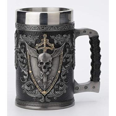 Imagem de Veronese Design Caneca de cerveja com brasão de caveira teutônica de 16,5 cm de resina fundida a frio estátua de estanho decoração de casa