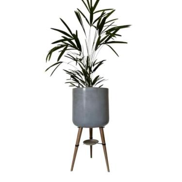 Imagem de Vaso Redondo para Plantas de 40cm com Tripé de Madeira e Prato (Cinza)