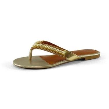 Imagem de Rasteirinha JCL STORE Sandália Dourada Bordada Pérola Bico Redondo Feminina-Feminino