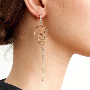 Imagem de Brincos Longo Argolas Strass Luxo Mulheres Strass