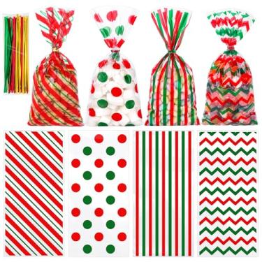 Imagem de Aneco Pacote com 100 sacos de celofane de Natal clássicos vermelhos e verdes sacos de doces de plástico sacos de presente com laços torcidos para Natal, aniversário, presente de biscoito embalagem de