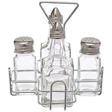 Imagem de New Star Foodservice Suporte 22209 com 2 saleiros quadrados e pimenteiros e 2 galheteiras de óleo e vinagre