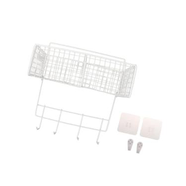 Imagem de Generic Prateleira de despensa de parede de arame de metal com duas grades para banheiro com ganchos de suspensão 26x13cm Prateleira para caixa de temperos, Branco