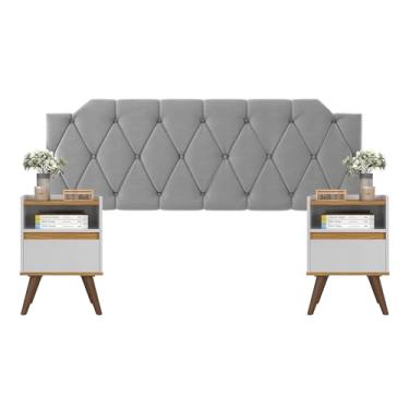 Imagem de Conjunto Mesa De Cab Gaveta + Cabeceira Estofada Box Para Cama Queen (Cinza)