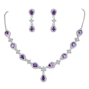 Imagem de EleQueen Conjunto de colar feminino prateado de zircônia cúbica em forma de gota de flor em V para noivas, brincos pendentes de pulseira de tênis para damas de honra de casamento, Zircônia cúbica,