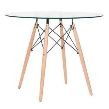 Imagem de Mesa Eames Eiffel Redonda Tampo de Vidro 90cm com base de Madeira - Ho