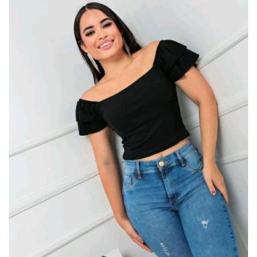 Imagem de Blusa Cropped feminino canelado ciganinha manga 2 babados casual - Fil