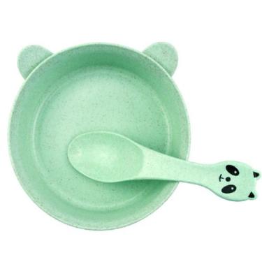 Imagem de Kit Papinha Infantil Bebês Plástico Prato + Colher Panda - Cl, Verde