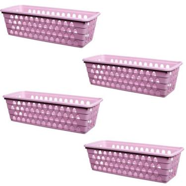 Imagem de Kit 4 Cestos Multiuso Comprido Retangular Rosa 28x11x8 Cm 123Organizei