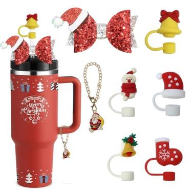 Imagem de 7 peças de tampa de palha Stanley, acessórios para copos Stanley de Natal Stanley, tampas reutilizáveis de 10 mm, cobertura de palha de silicone para copo Stanley de 30 ou 1,134 g com alça (vermelho