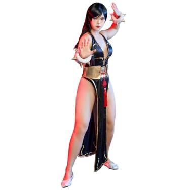 Imagem de Micotaku Street Fighter Fantasia feminina clássica Chun-Li preta cosplay com fenda lateral Cheongsam, Preto, M