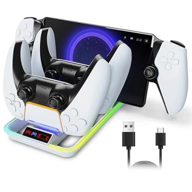 Imagem de JDGPOKOO Suporte de carregamento 3 em 1 para PS Portal e controlador PS5 com luz RGB e cabo tipo C, base de carregamento para portal
