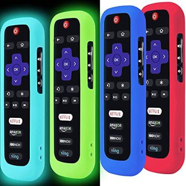 Imagem de Pacote com 4 capas para controle remoto Roku, capa de bateria para controle remoto TCL Roku Smart TV, controle remoto Roku TV, capa protetora de silicone, capa universal que brilha no escuro, vermelho e azul